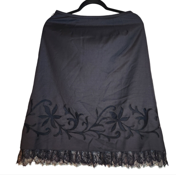 Ann Taylor Loft Black Wool Blend Lined Midi Skirt Lace Hem Size 8 Petite - Picture 3 of 5